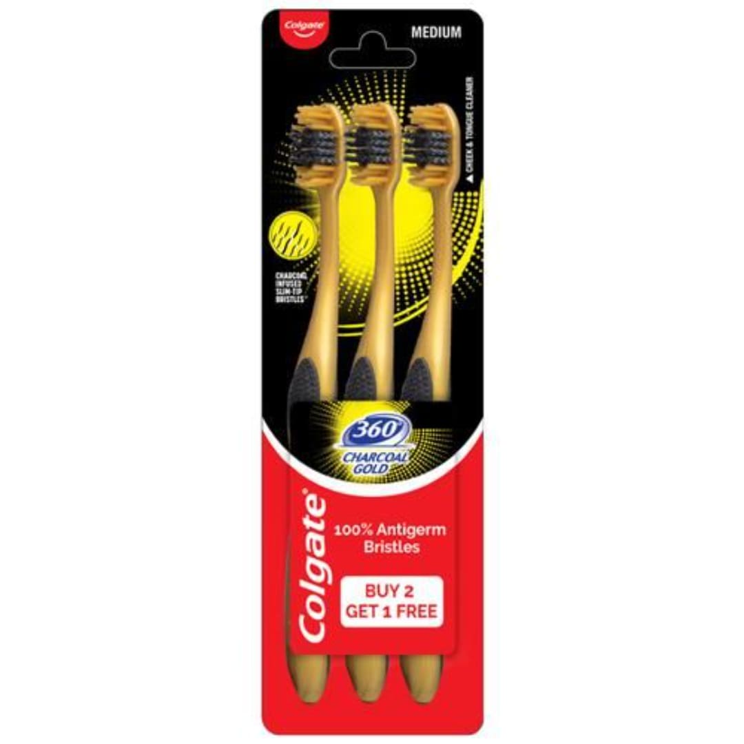 Colgate Toothbrush - 360 Degree Charcoal Gold, Soft Bristles, 3 pcs Buy 2 Get 1 Free
