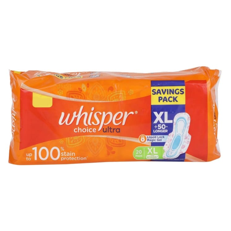 Whisper Choice Sanitary Pads with Wings for women- 20 Pads (Extra large)