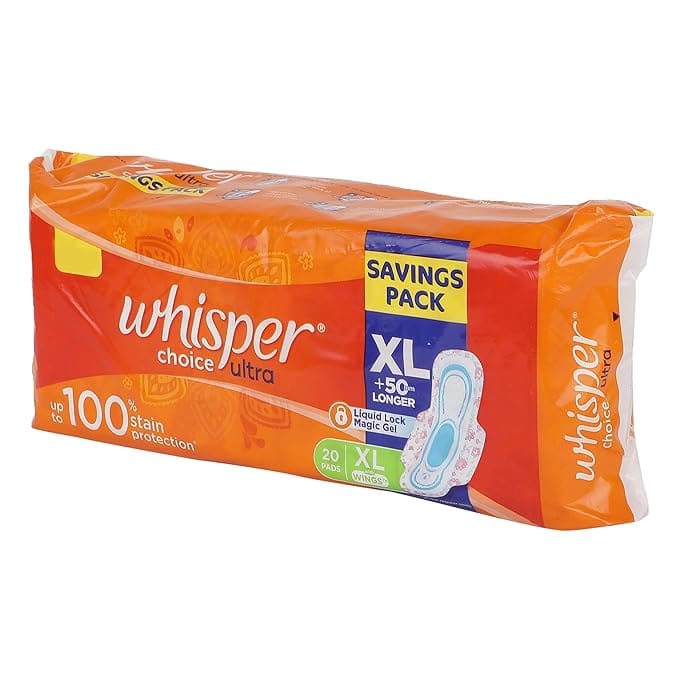 Whisper Choice Sanitary Pads with Wings for women- 20 Pads (Extra large)