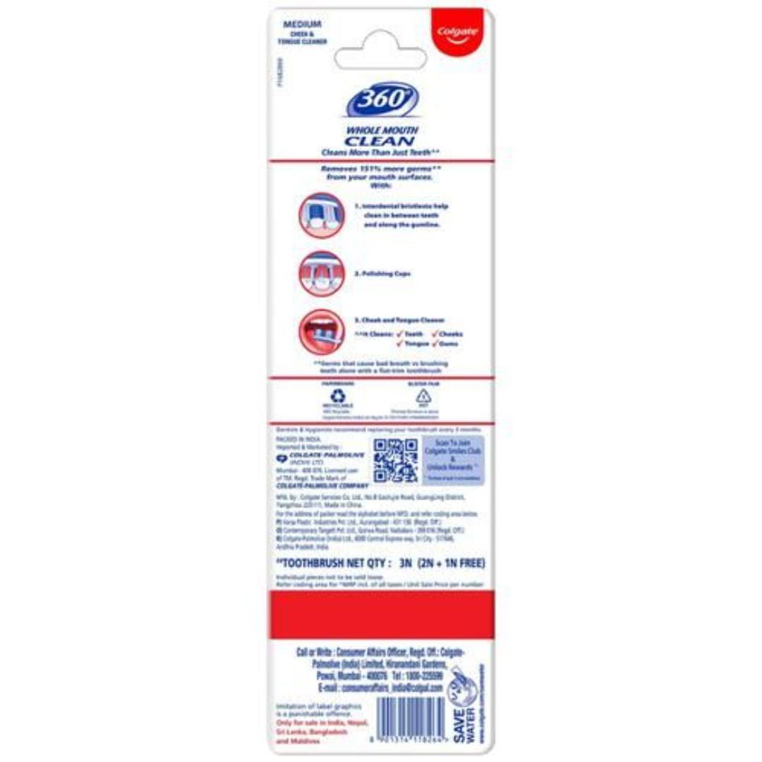 Colgate 360 Whole Mouth Clean Toothbrush, 3 pcs (Buy 2 Get 1 Free)