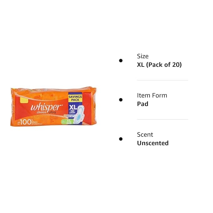 Whisper Choice Sanitary Pads with Wings for women- 20 Pads (Extra large)