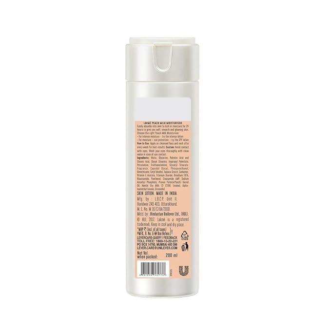 Lakme Peach Milk Face Moisturizer 200 ml, Daily Lightweight Lotion with Vitamin C & Vitamin E for Soft Glowing Skin - Non Oily 12h Moisture for Women.