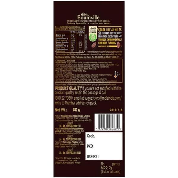 Cadbury Bournville Cranberry Dark Chocolate Bar, 80gm