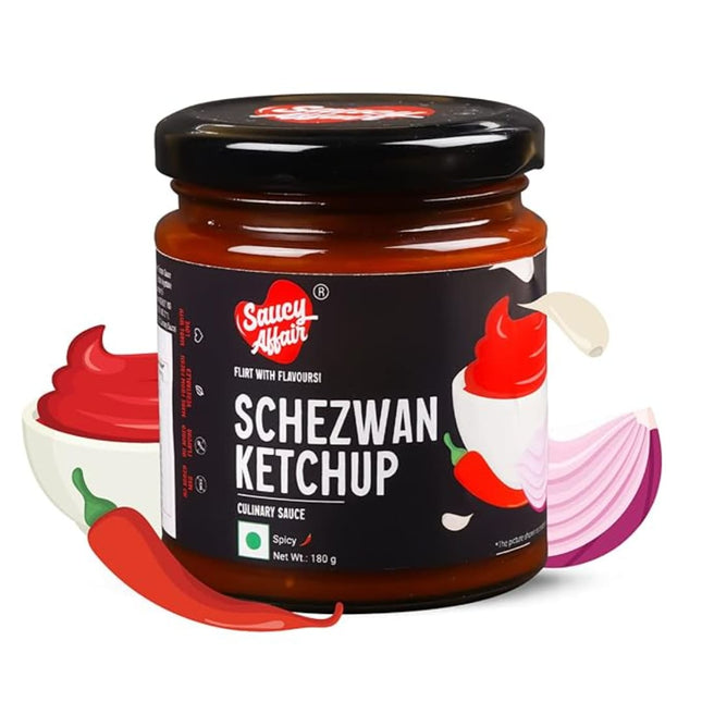 Saucy Affair Schezwan Ketchup Sauce for Noodles Rice & Momos - 180g | Spicy Chinese Sauce | Natural Ingredients | Schezwan Chilli Garlic Sauce | Dips Spreads To Dressing, Marinate & Cook (Pack of 1)