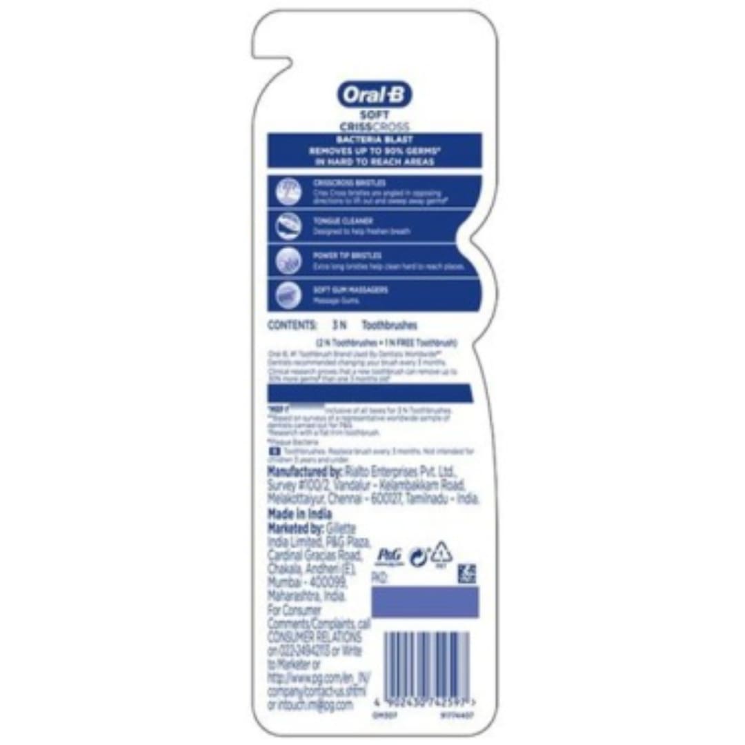 Oral-B Bacteria Blast Toothbrush - With Criss Cross Bristles, Soft, 1 pc (Buy 2 Get 1 Free)