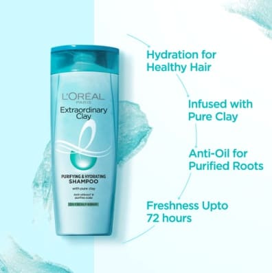 L'Oreal Paris Purifying and Hydrating Shampoo, For Oily Roots & Dry Ends, Extraordinary Clay, 180ml