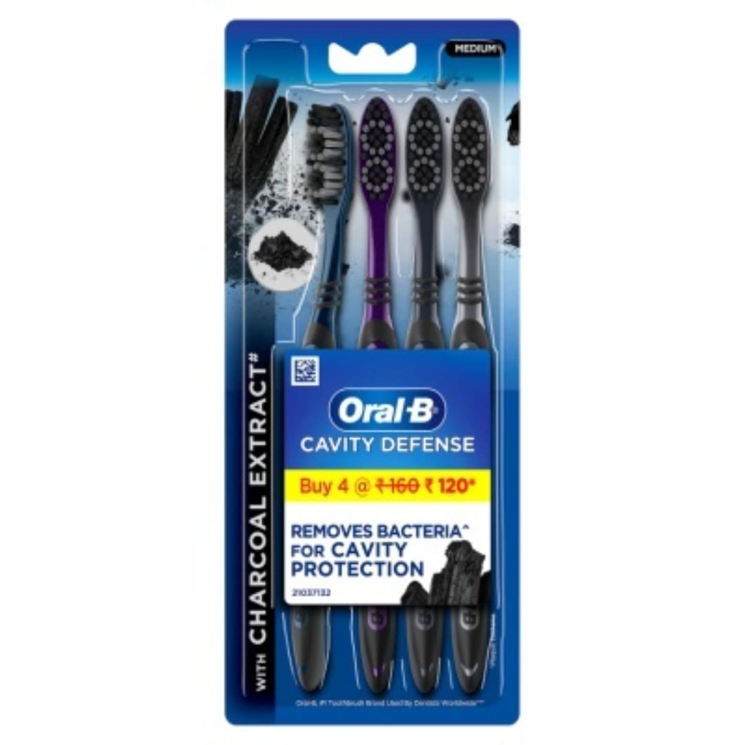 Oral B Cavity Defense 123 Black Manual Toothbrush for adults with charcoal extract- Medium (Pack of 4)