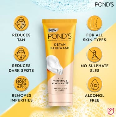 Pond's Detan Facewash for Tan Reduction, with Brightening Vitamin C & Niacinamide, All Skin Types, 100gm
