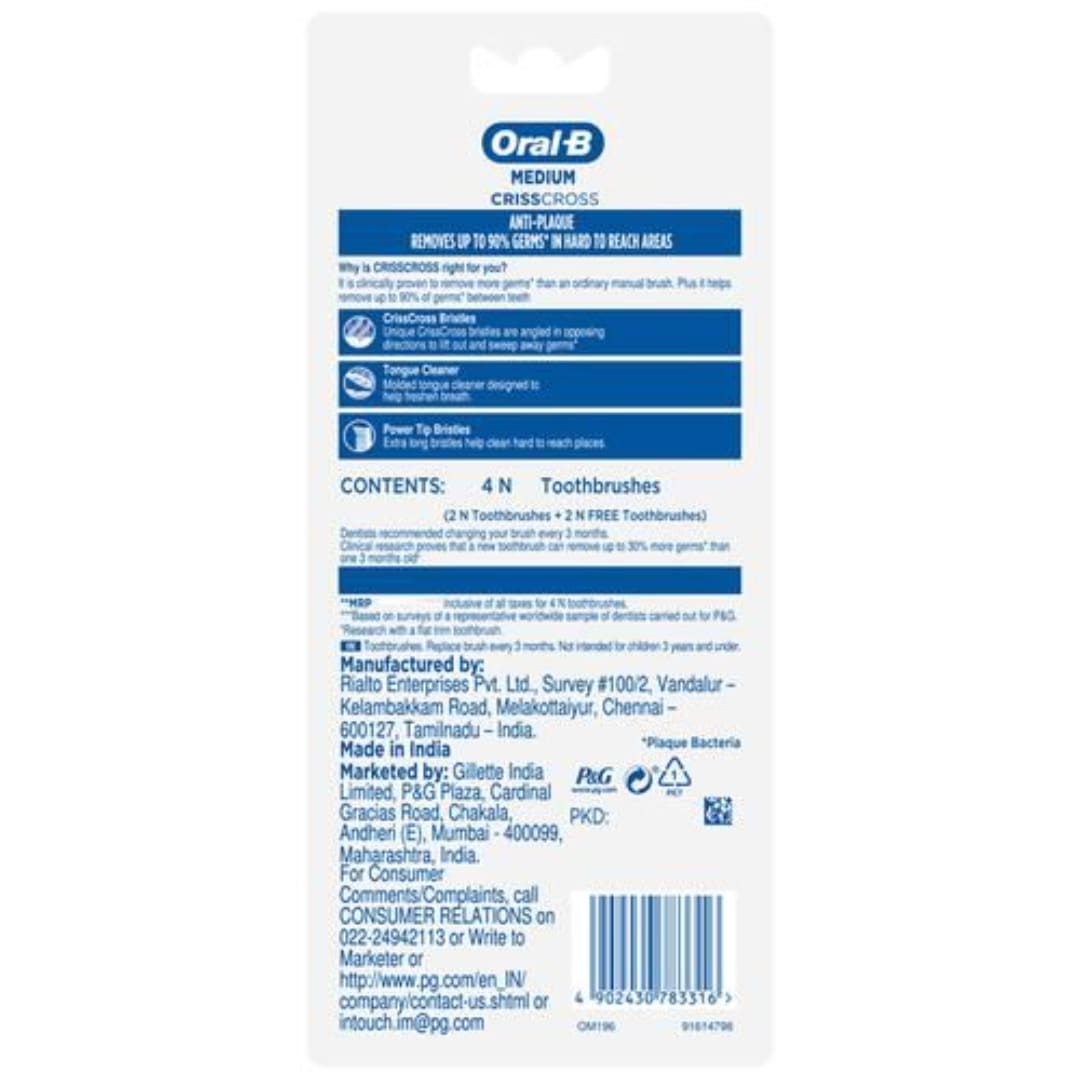 Oral-B Criss Cross Anti-Plaque Toothbrush - With Flexible Bristles, M, 2 pcs (Buy 2 & Get 2 Free)