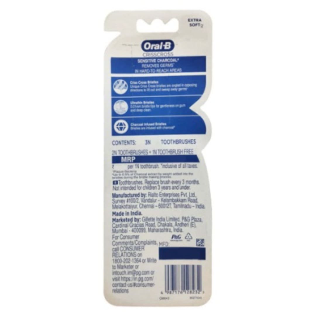 Oral B Crisscross Sensitive Charcoal Toothbrush For Gentle Effective Cleaning (Buy 2 Get 1 Free)