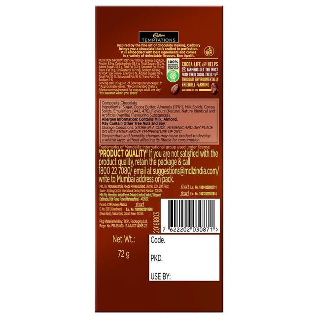 Cadbury Temptations Almond Treat Premium Chocolate Bar, 72gm