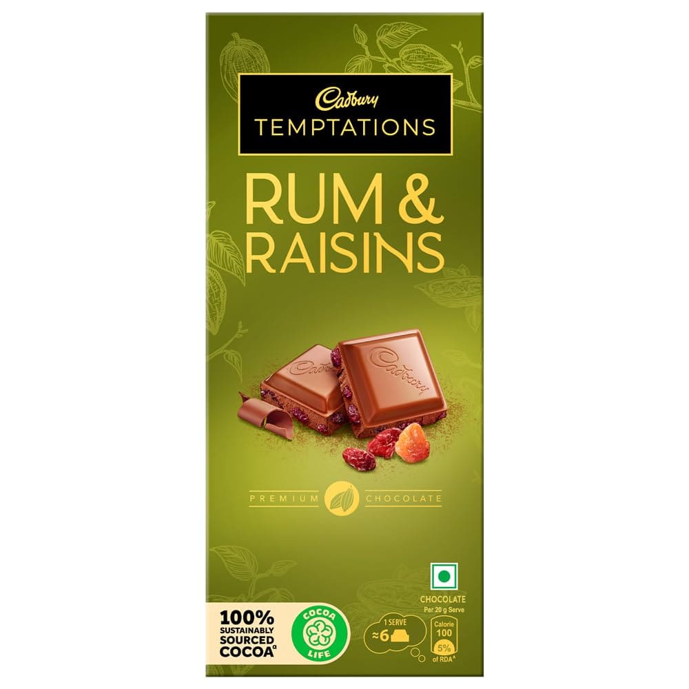 Cadbury Temptations Rum & Raisins Premium Chocolate Bar, 72gm